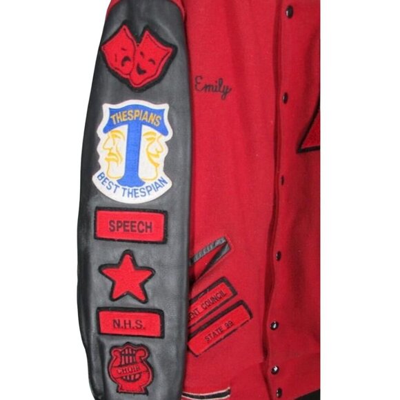 JBS Apparel Women's Vintage Red/Black Patched Snap-Up Wool Varsity Jacket SZ L - Picture 2 of 5